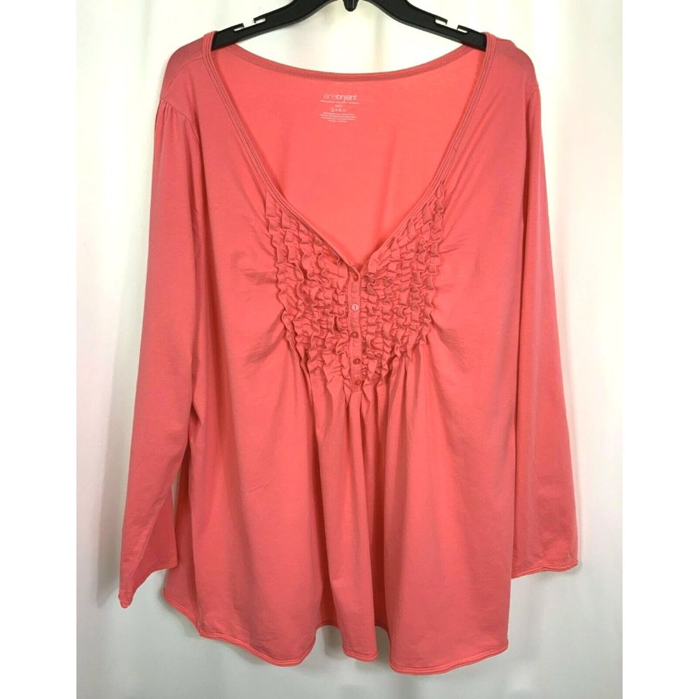LANE BRYANT Womens Size 22/24 Coral Pink Ruffled V-Neck Lightweight Jersey Top